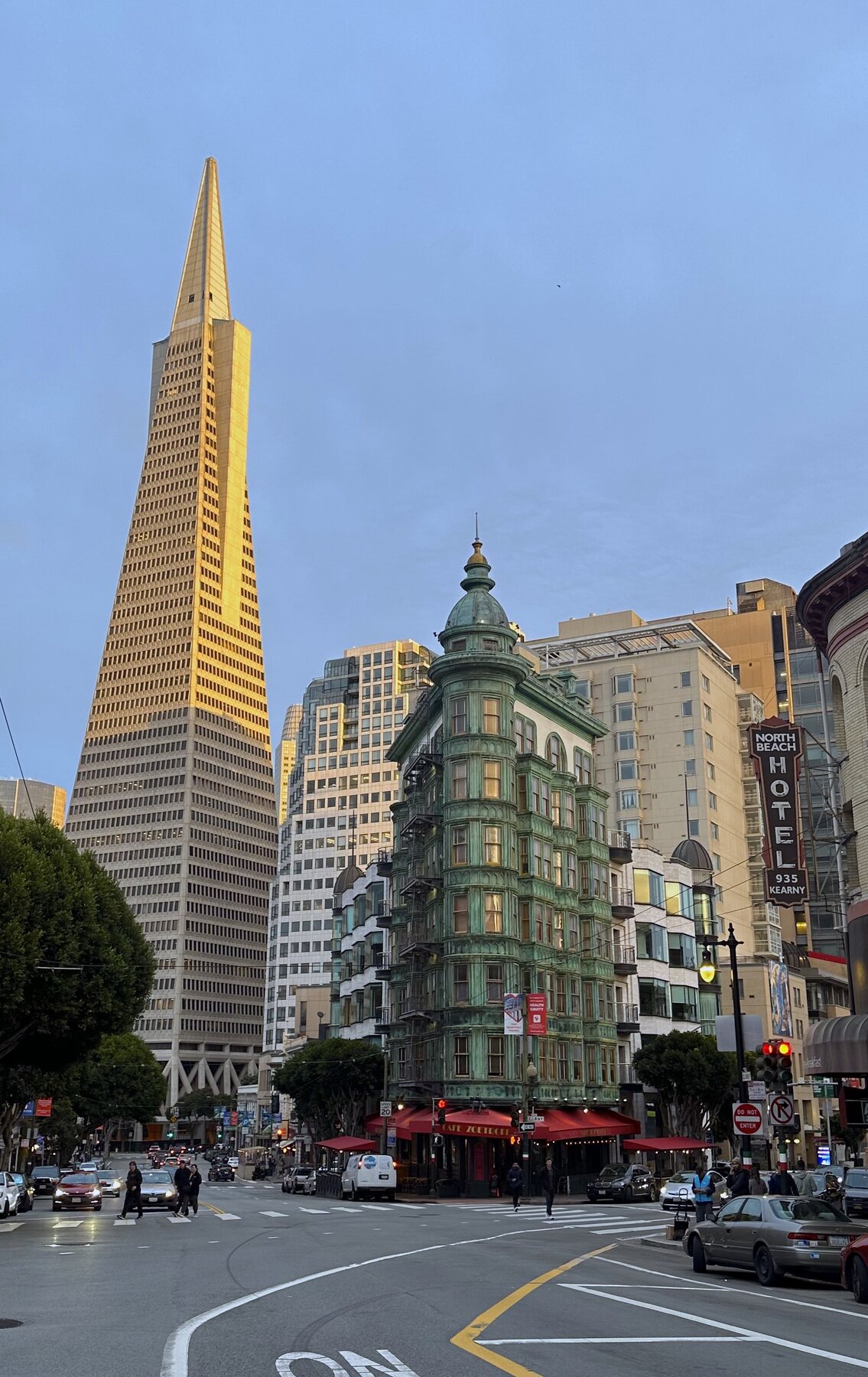 Transamerica Pyramid and North Beach street in San Francisco